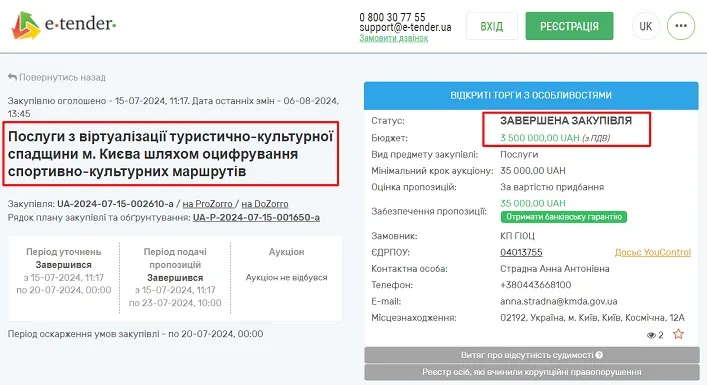 Послуги з віртуалізації туристично-культурної спадщини м. Києва шляхом оцифрування спортивно-культурних маршрутів